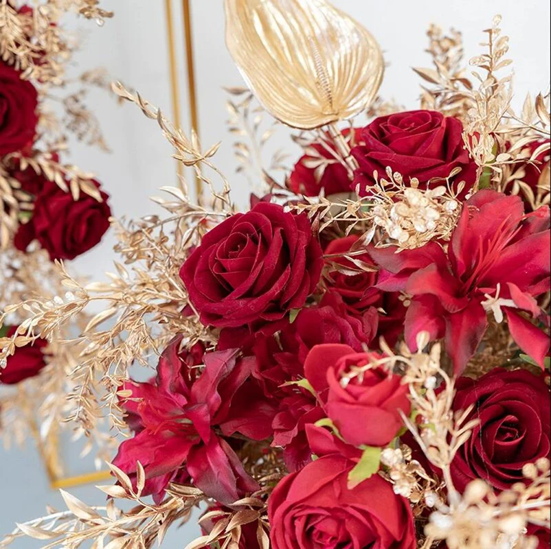 Flori artificiale pentru Decor Roșu, Rose de Aur Frunze Aranjament pentru Nunta Fundal Etapa Decor Duce Drumul Geometric Standuri5