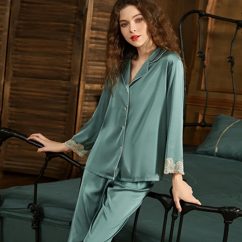 Noi Feminin Pijamale Set Primavara-Vara Sleepwear 2 BUC Camasa si pantaloni Sexy Dantelă Asieta Pijamale Costume cu Pantaloni Casual Raionul de Haine de Acasă5