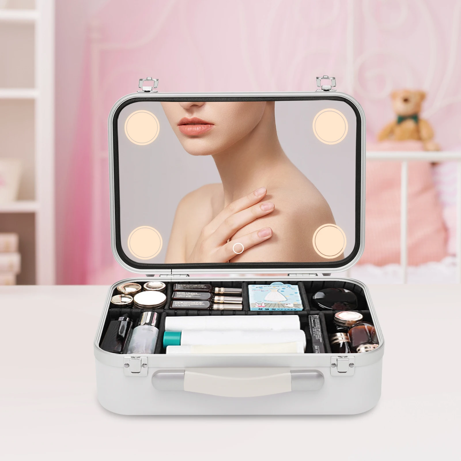 Portabile Organizator Cosmetice Machiaj Cutie de Depozitare 3-Nivel de Frumusețe Caz Multifunctional Cu LED-uri de Lumină și Oglindă5
