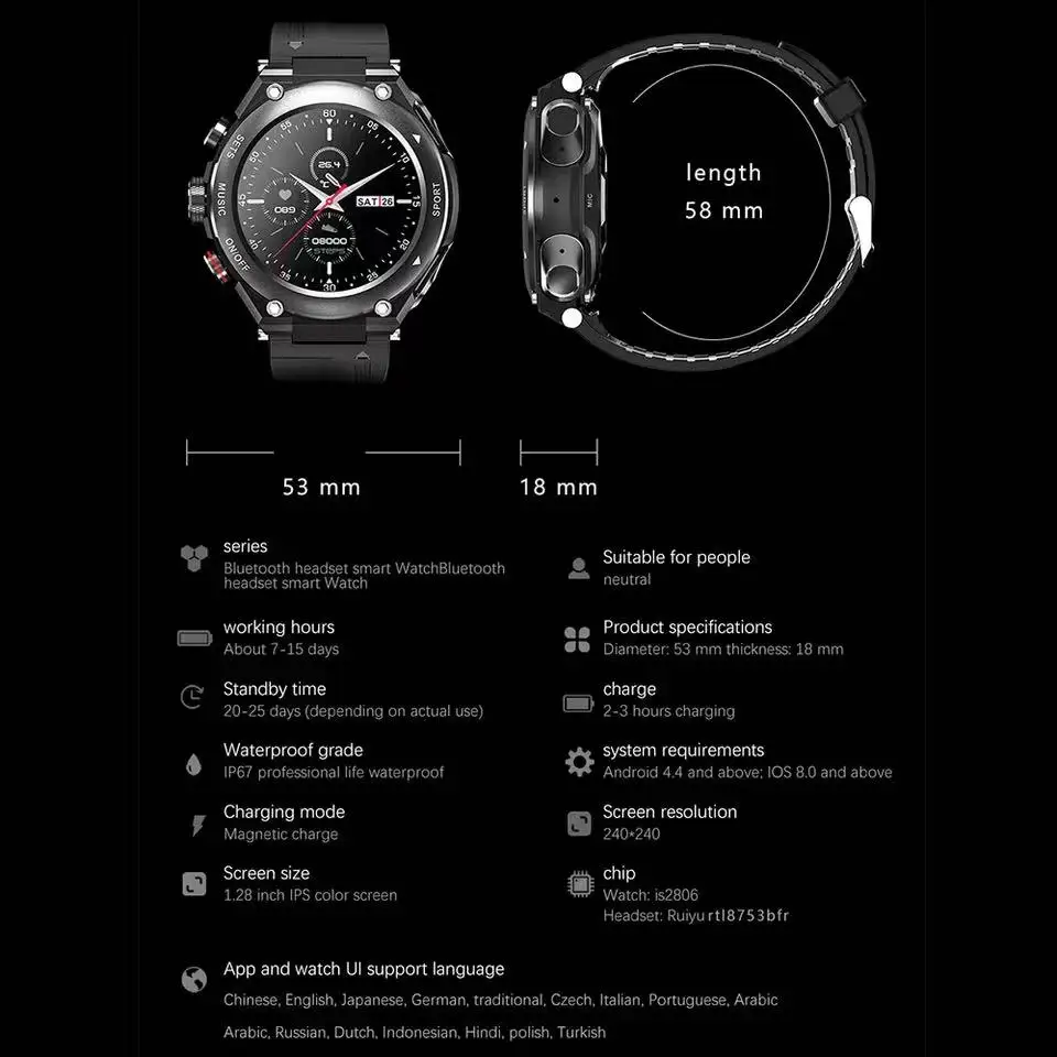 Smartwatch-Bratara 2 In 1 TWS Pavilioane Wireless 1.28 Inch 470 Mult Capacitatea Bateriei tensiunea Sport Fitness Smartwatch 20235