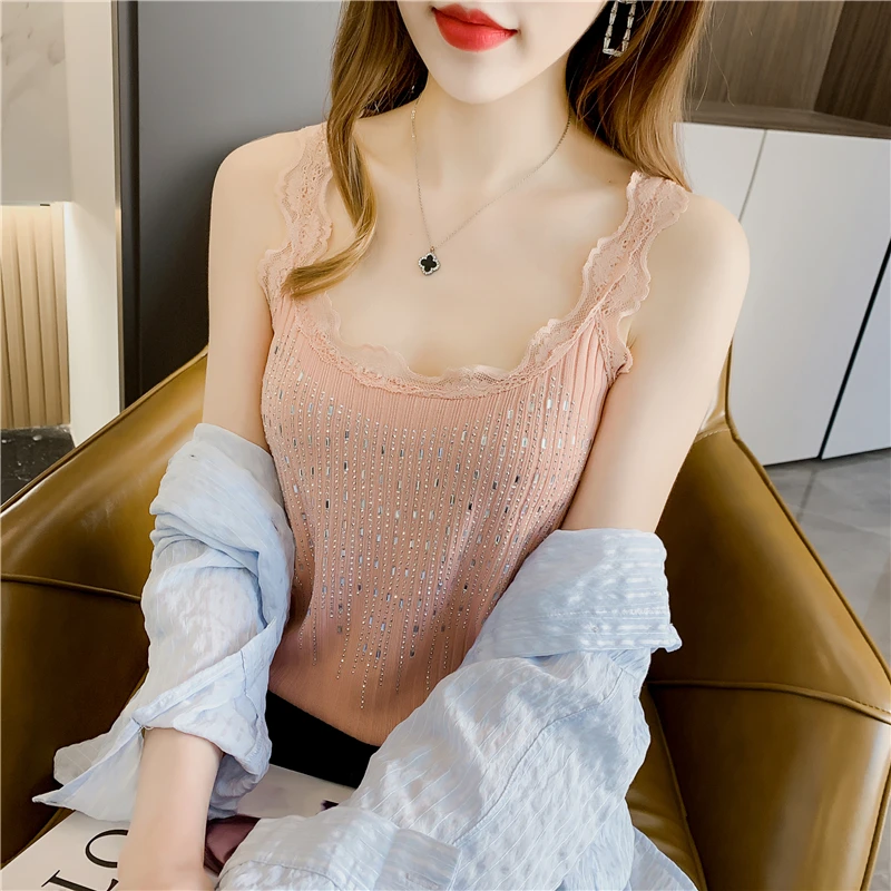 Vara Sexy Rochie Fără Mâneci Fara Spate Bretele Paiete Tricotate Rezervor De Top Pentru Femei Topuri De Cultură Coreeană De Moda Alb-Negru Roz Haine De Vară5