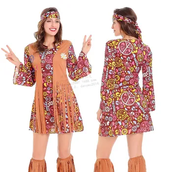 Femeile Hippie Set Costum Sexy Halloween Cosplay Dress 3 Buc Bentita Rochie Glezna Șosete