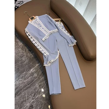 Proiectat Dantela Mozaic Gol Bandaj Flare Sleeve Blazer Scurt Pantaloni Set 2 Culori Opțiune Elegantă Pentru Femei De Moda Costum