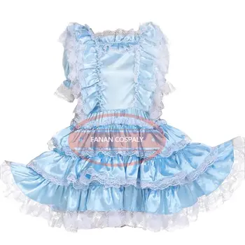 Moda Franceza Fata De Satin Albastru Sissy Rochie De Adult Copil Uriaș Joc De Rol Maid Dress Personalizate Blocabil Mai Multe Culori