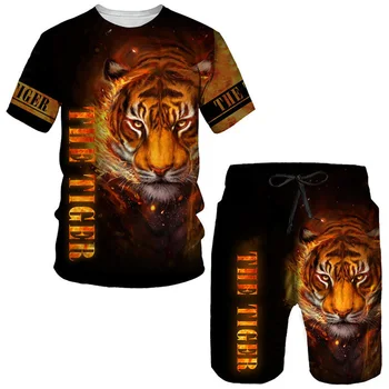 Animal Tigru 3D de Imprimare T-Shirt, pantaloni Scurți Seturi pentru Bărbați Treninguri de Moda Supradimensionat Tricou Maneca Scurta Pantaloni Set Omul Costume de Haine