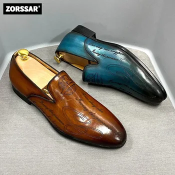 Italian de Piele pentru bărbați încălțăminte pentru bărbați formale mocasini Maro albastru slip-on casual business single pantofi de sex masculin rochie de mireasa pantofi de partid