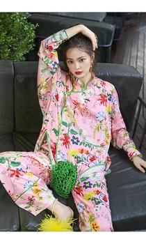 Print Floral roz din Satin Femei Set de Pijama cu Maneci Lungi Largi Picior Tousers Pijamale de Mătase pentru Femei 2 Piese Pijama Body Acasă