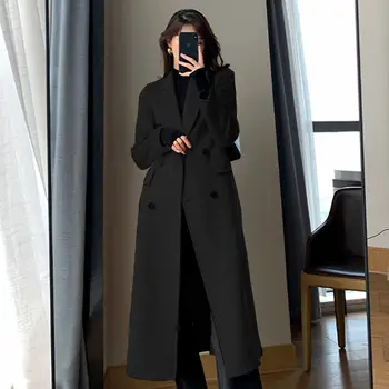 Moda de Iarnă Palton Pentru Femei Elegante coreean Casual două rânduri Haină de Lână Sacou Lung Negru Birou Doamnă în Vrac Uza