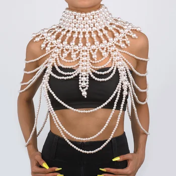 Retro Exagerat Scobite Perla Șal Sexy Perle Lanț de Corp Moda Umăr Colier Sutien pentru Costum de Bijuterii Petrecere de Dans