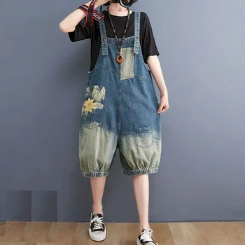 Salopete pentru Femei Denim Casual Vintage Moda coreeană Solid Playsuits Pierde Cinci puncte pantaloni Scurți Una Bucata Costum de Haine de Femei