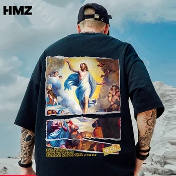 HMZ Hip Hop Tee Retro Pictură în Ulei de Imprimare T Tricoul Streetwear Harajuku Bărbați T-Shirt Vara Maneca Scurta Tricou din Bumbac Topuri Teuri Om