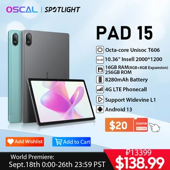OSCAL Pad 15 Tablete PC 10.36 inch 2K Ecran T606 Octa Core Android13 256GB 16GB Tableta 8280mAh Cu 33W Încărcare Rapidă Dual 4G