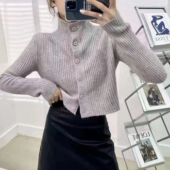 Noua versiunea coreeană maneci lungi tricotate cardigan scurt Design de top pieptul singur pulover haina