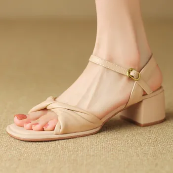 Sandale de vara femei plus dimensiune 34-42 moale piele de oaie 5cm gros med toc sandale de vara bandă îngustă sandalias pantof casual de zi cu zi